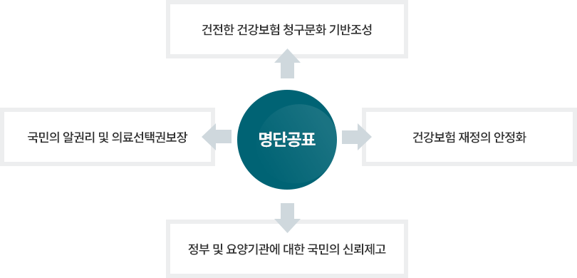 명단공표의 목적은 건전한 건강보험 청구문화 기반조성, 국민의 알권리 및 의료선택권보장, 정부 및 요양기관에 대한 국민의 신뢰제고, 건강보험 재정의 안정화이다