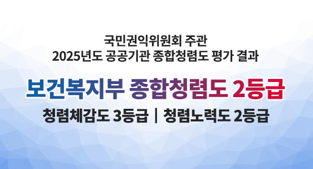 국민권익위원회 주관2025년도 공공기관 종합청렴도 평가 결과보건복지부 종합청렴도 2등급청렴체감도 3등급┃청렴노력도 2등급